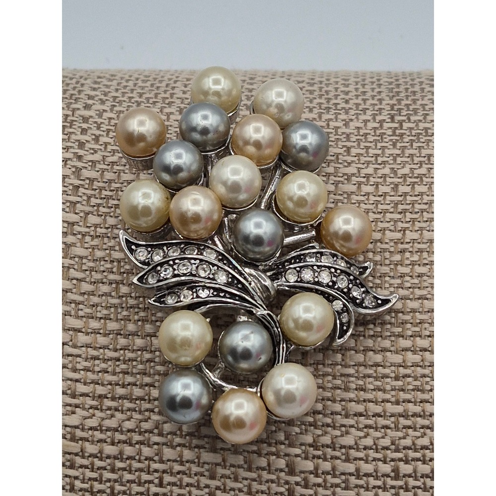 Vintage Faux Pearl Rhinestone Floral Bouquet Brooch Silver Tone Multi Color